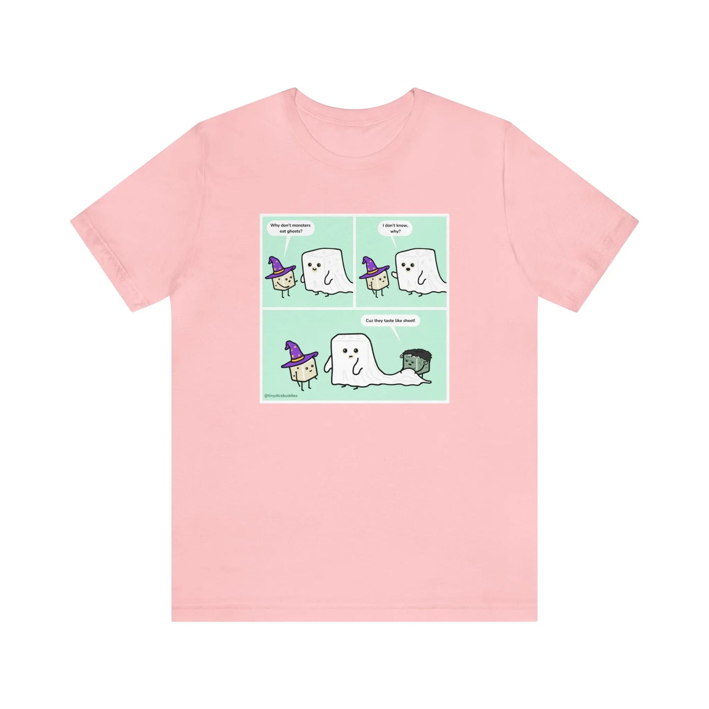 Tiny Dice Buddies "Why Don't Monsters Eat Ghosts" Punny Joke | Unisex Jersey Short Sleeve Tee