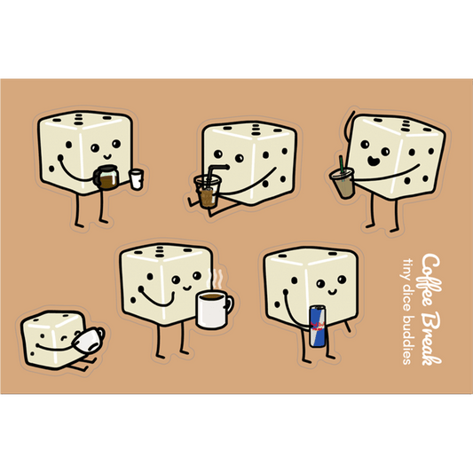 Coffee Break Tiny Dice Buddies Die-Cut Sticker Sheet (Set of 6 Stickers)