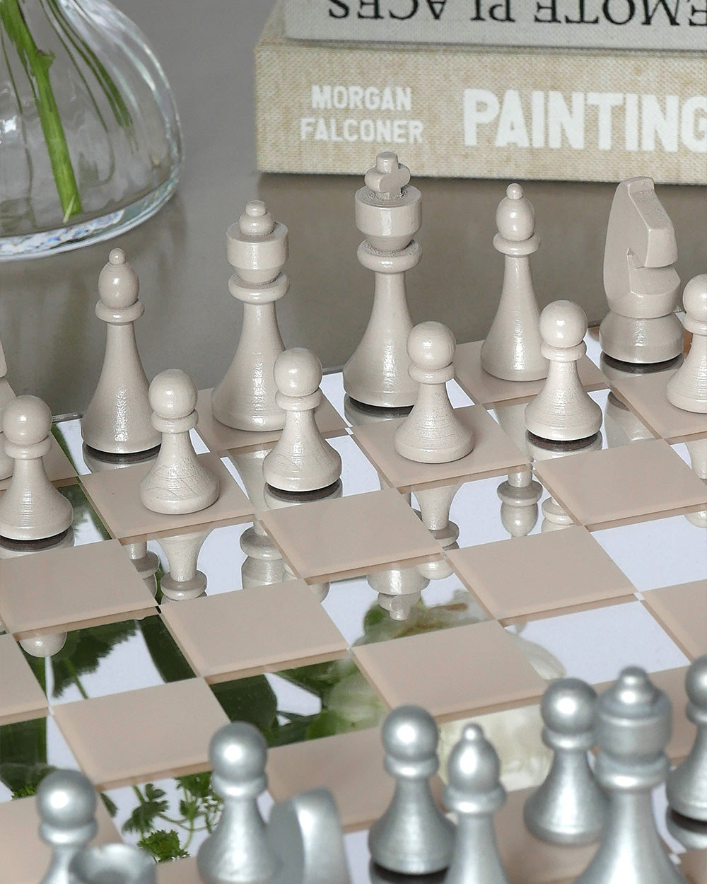 Chess Mirror (Beige/Silver) – Modern Coffee Table Games