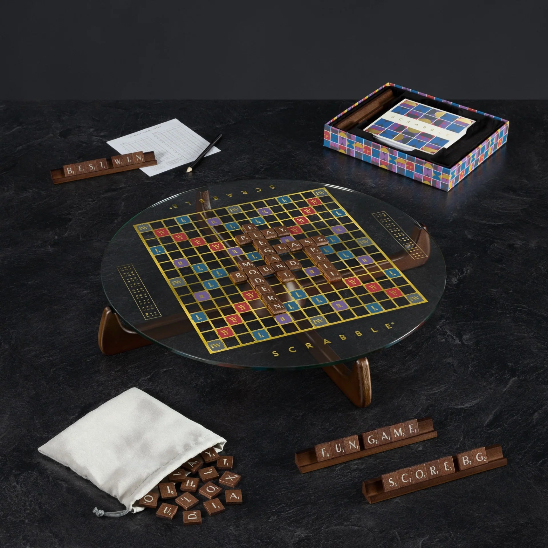 Modern Scrabble Glass Vintage Tabletop Board Game Edition