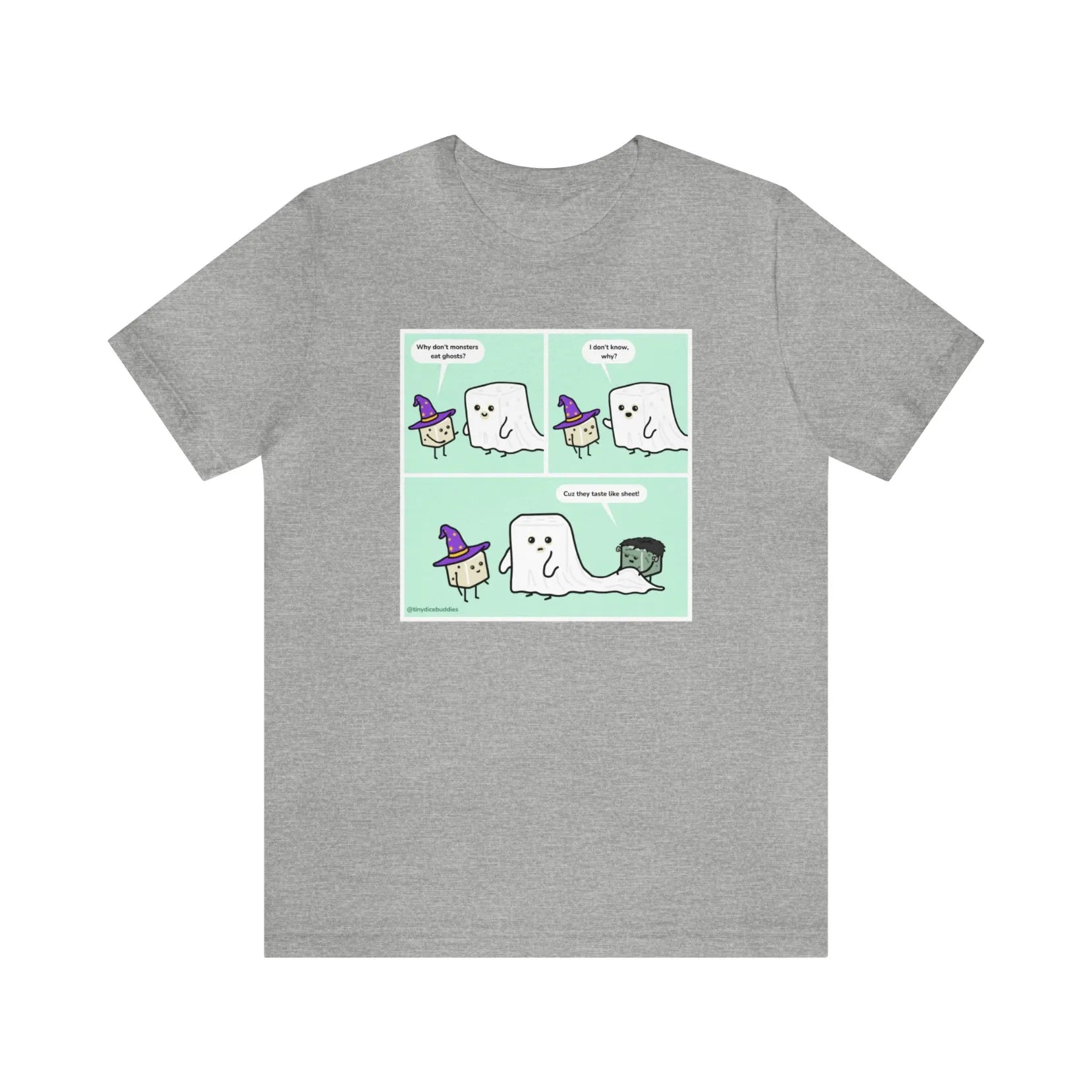 Tiny Dice Buddies "Why Don't Monsters Eat Ghosts" Punny Joke | Unisex Jersey Short Sleeve Tee