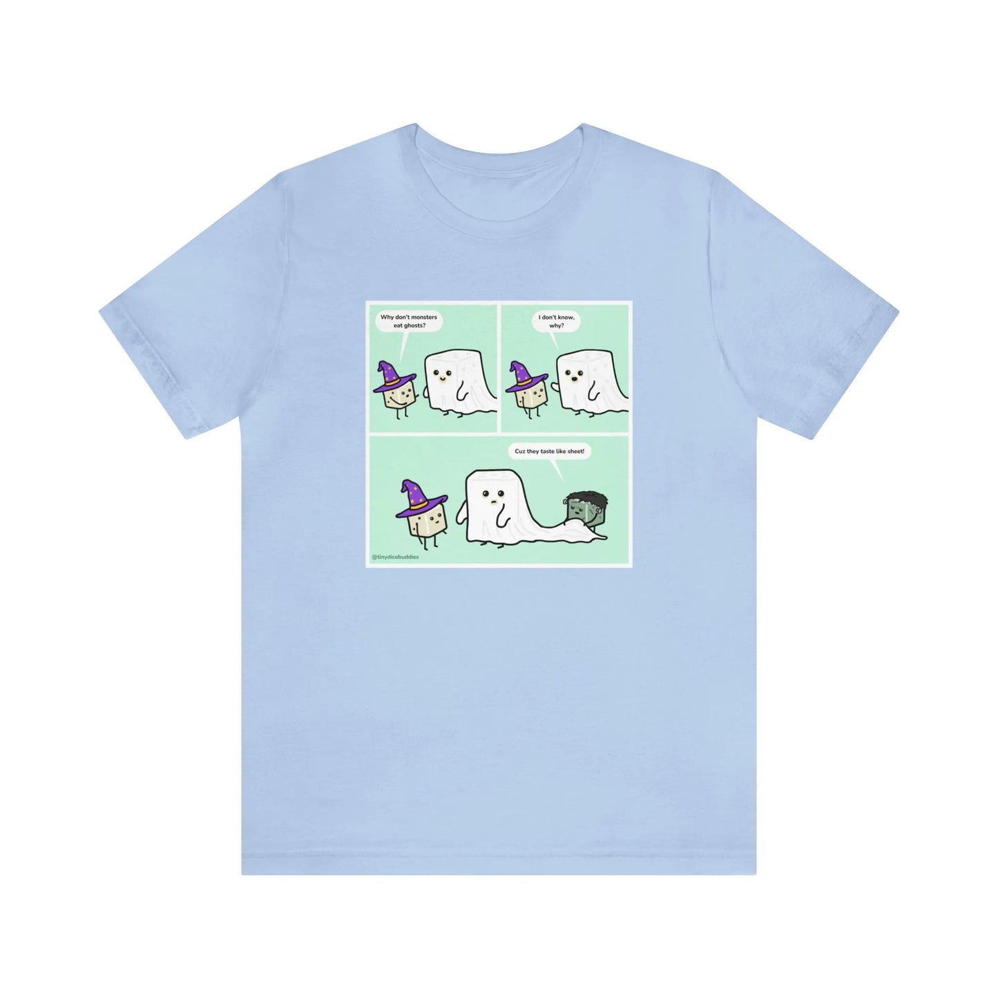 Tiny Dice Buddies "Why Don't Monsters Eat Ghosts" Punny Joke | Unisex Jersey Short Sleeve Tee