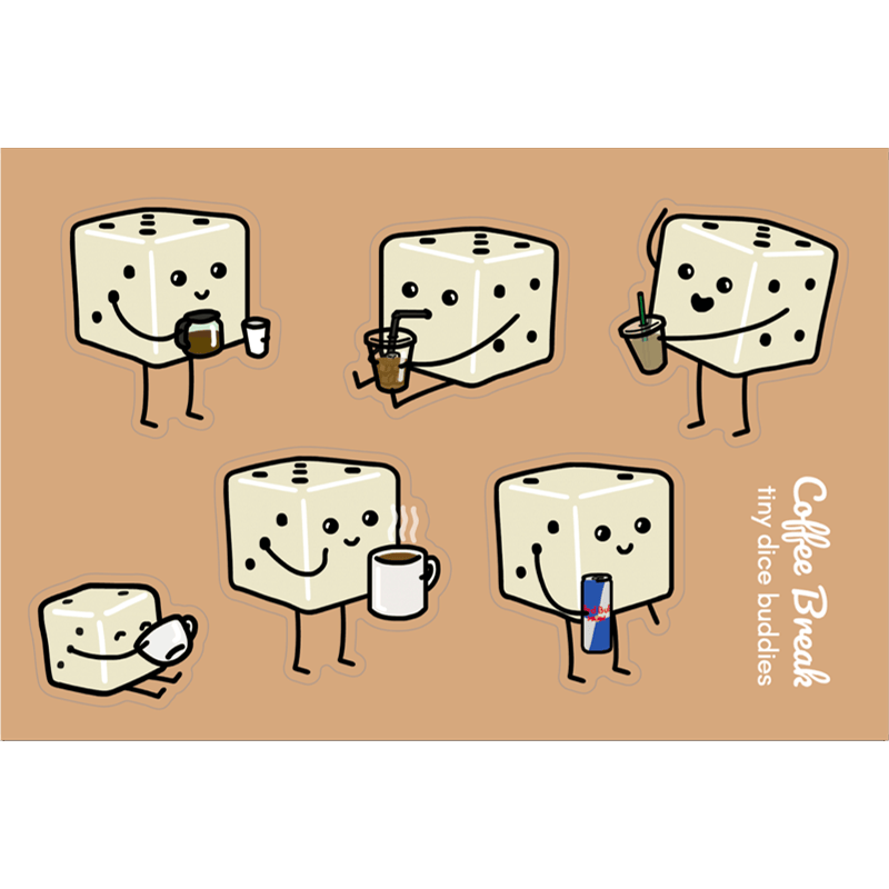 Coffee Break Tiny Dice Buddies Die-Cut Sticker Sheet (Set of 6 Stickers)