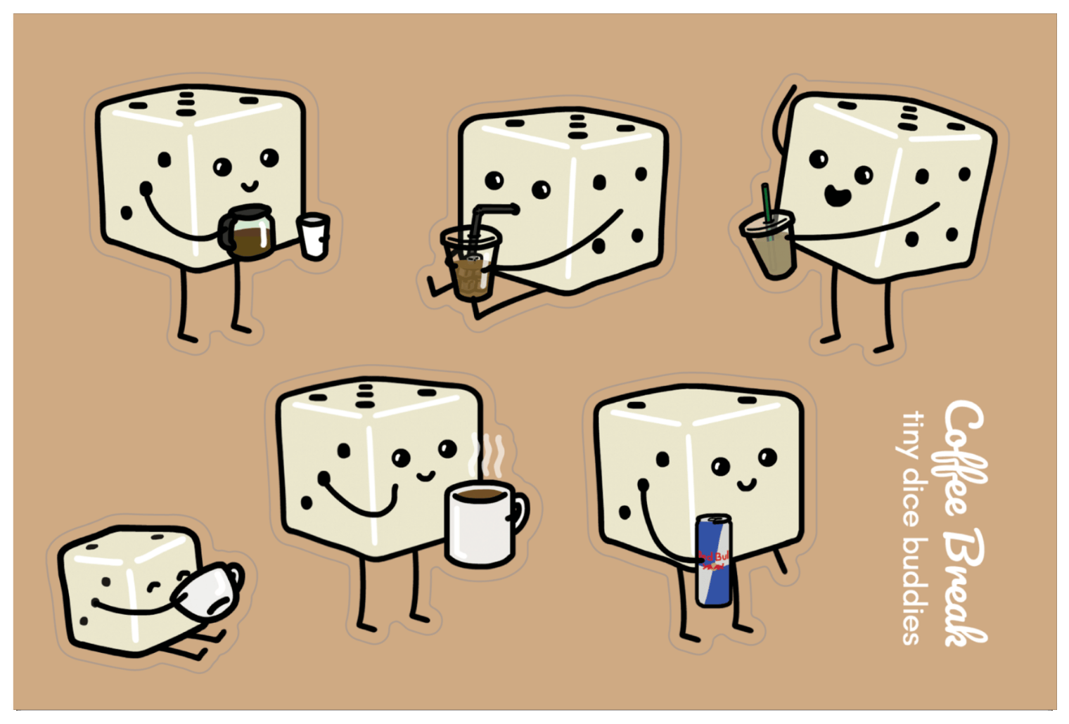 Coffee Break Tiny Dice Buddies Die-Cut Sticker Sheet (Set of 6 Stickers)