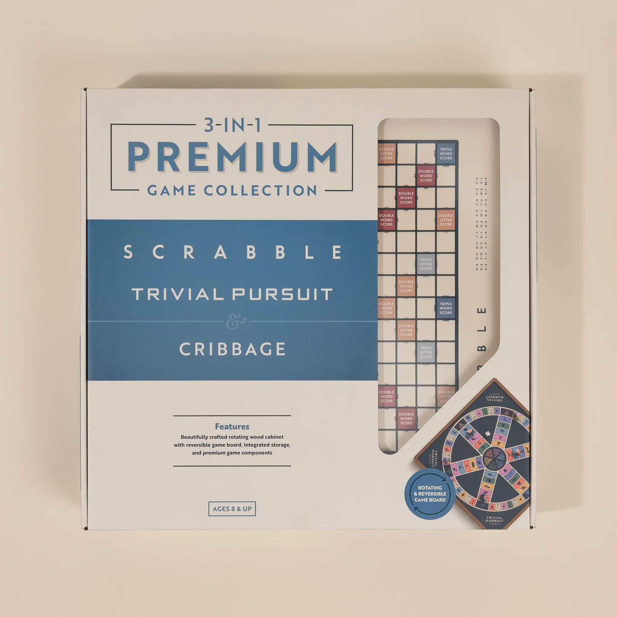 3-in-1 Premium Wood Classic Board Games: Scrabble, Trivial Pursuit & Cribbage