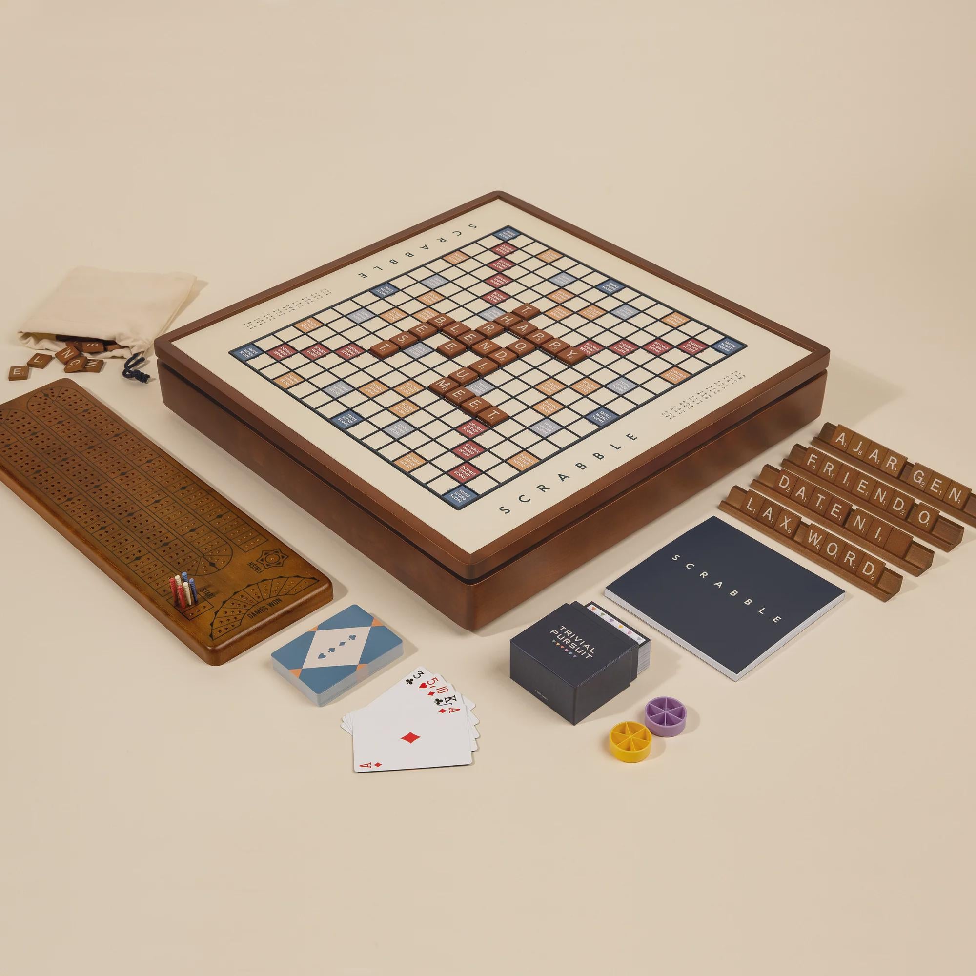 3-in-1 Premium Wood Classic Board Games: Scrabble, Trivial Pursuit & Cribbage