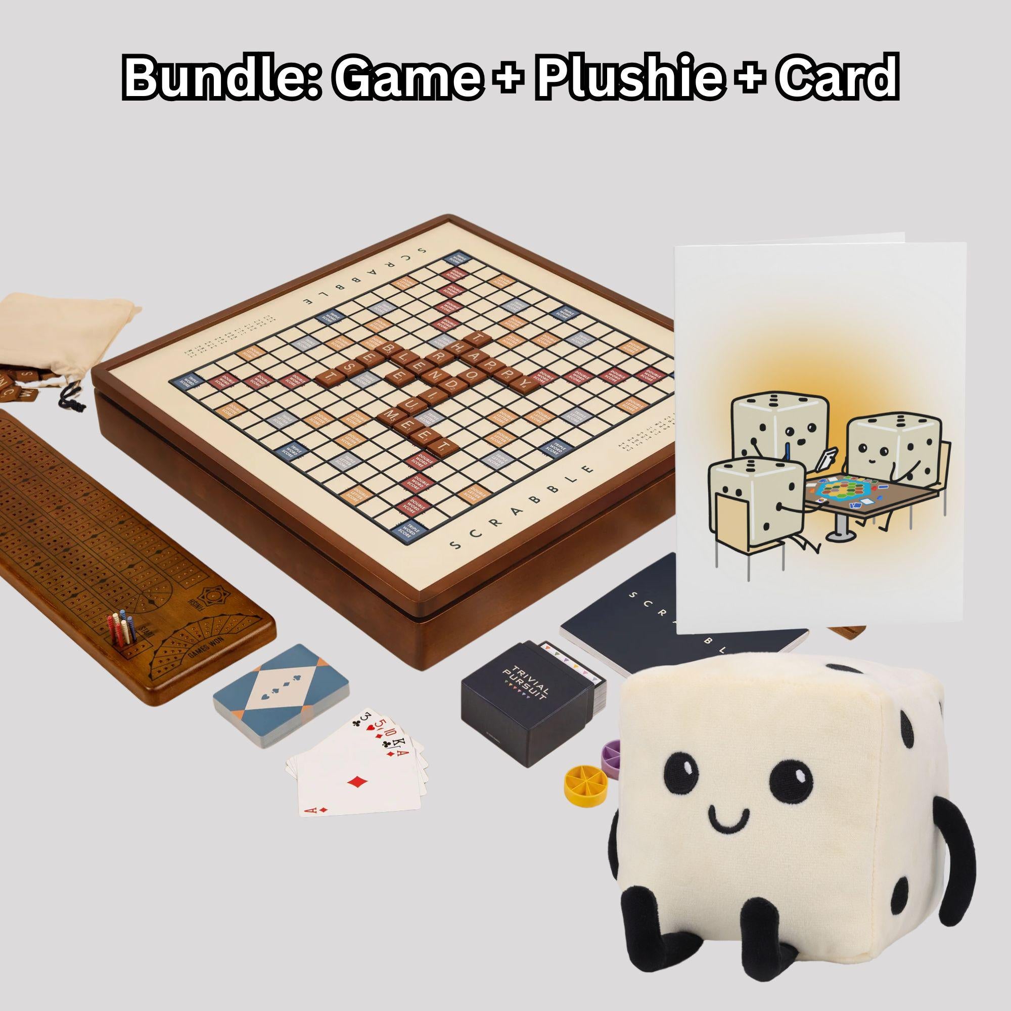 3-in-1 Premium Wood Classic Board Games: Scrabble, Trivial Pursuit & Cribbage