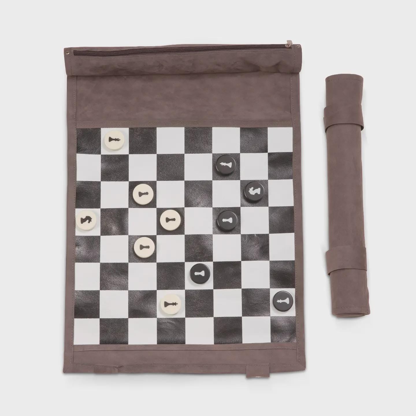 Modern Suede Leather Roll Up Chess Travel Set