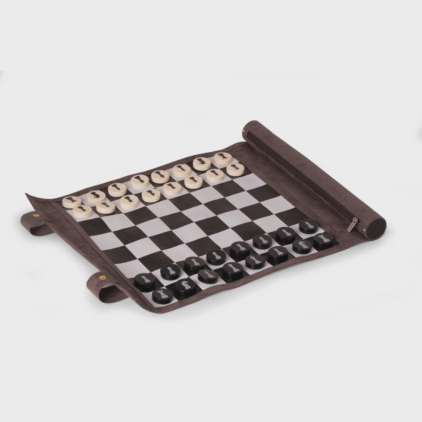 Modern Suede Leather Roll Up Chess Travel Set