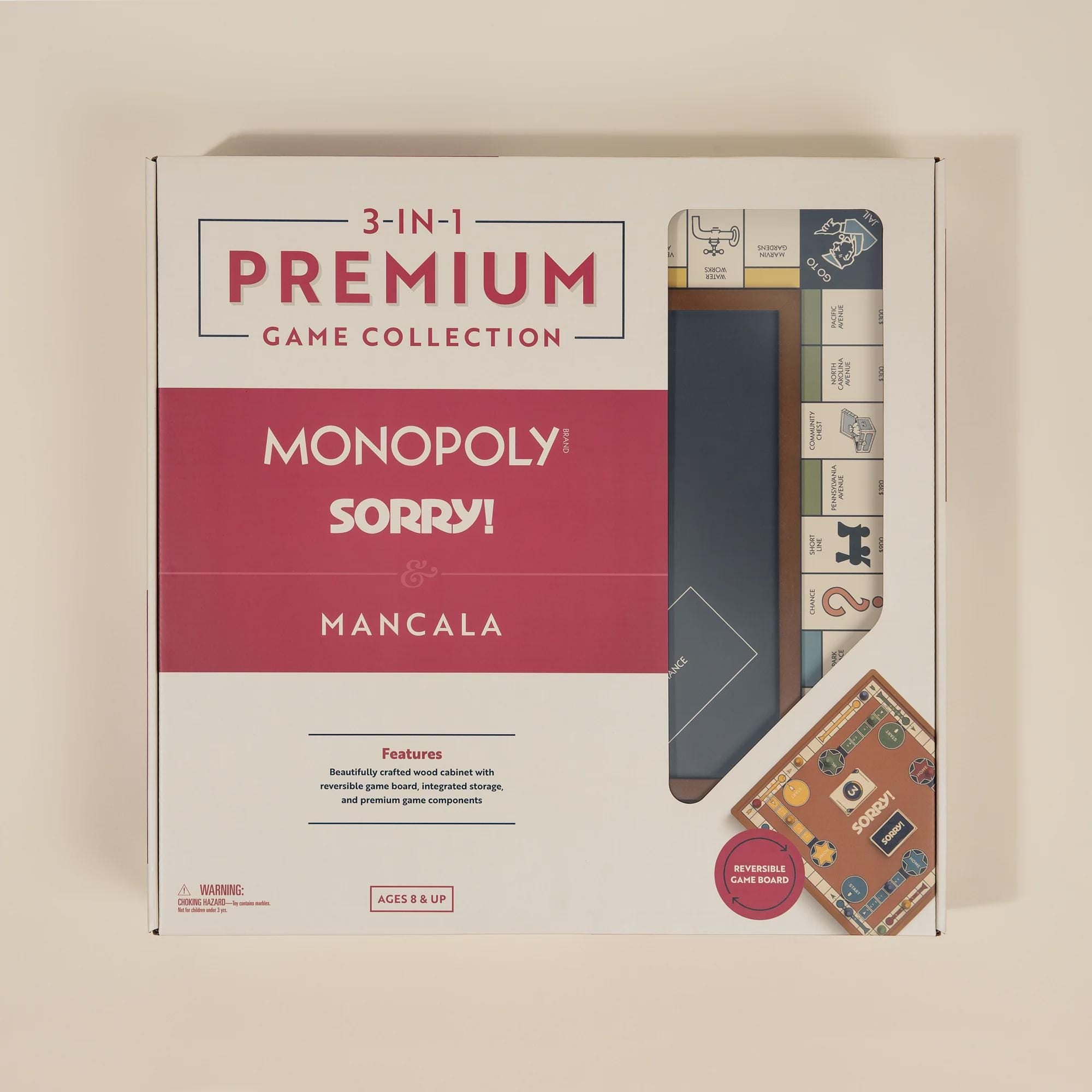 3-in-1 Premium Wooden Board Game Set: Monopoly, Sorry, Mancala