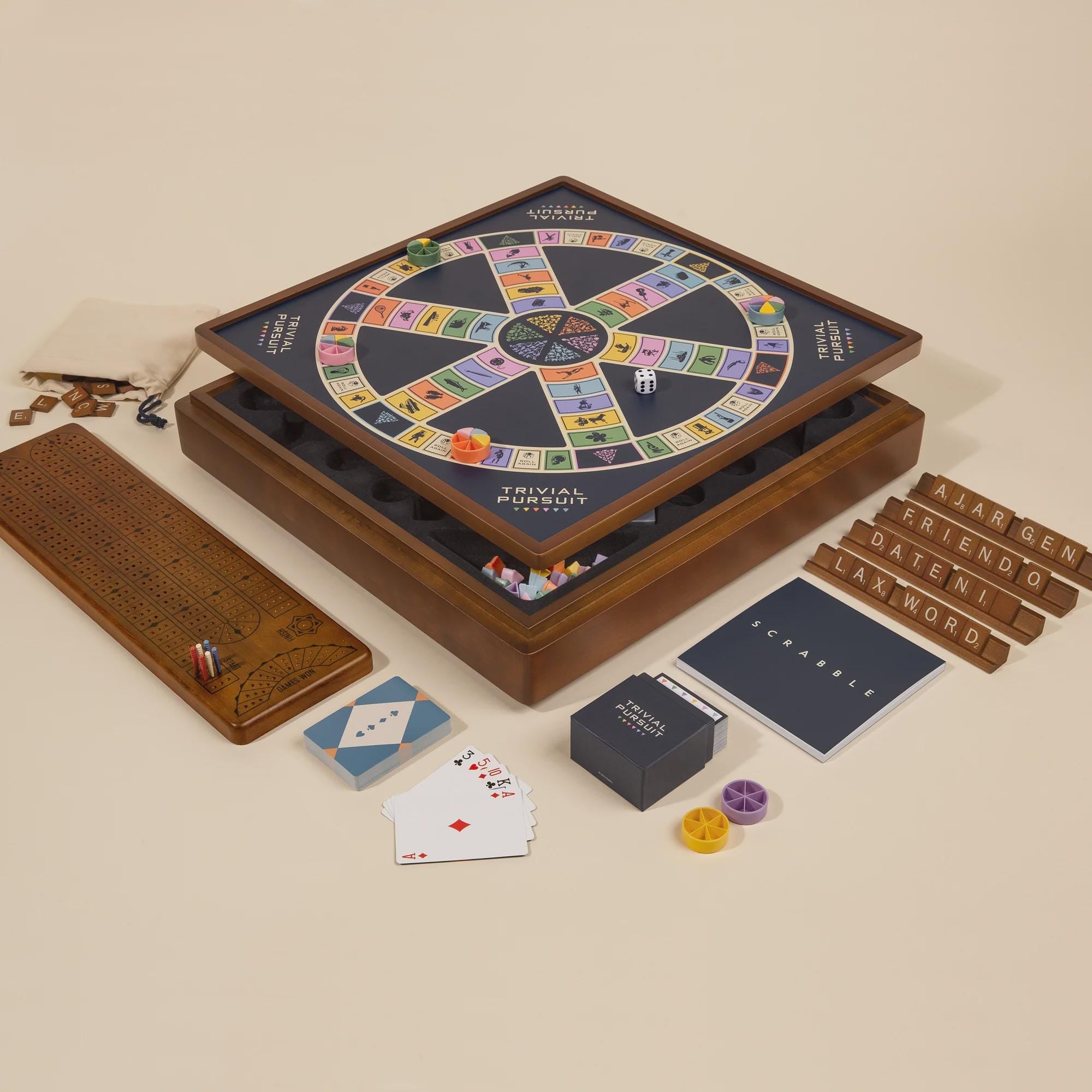 3-in-1 Premium Wood Classic Board Games: Scrabble, Trivial Pursuit & Cribbage