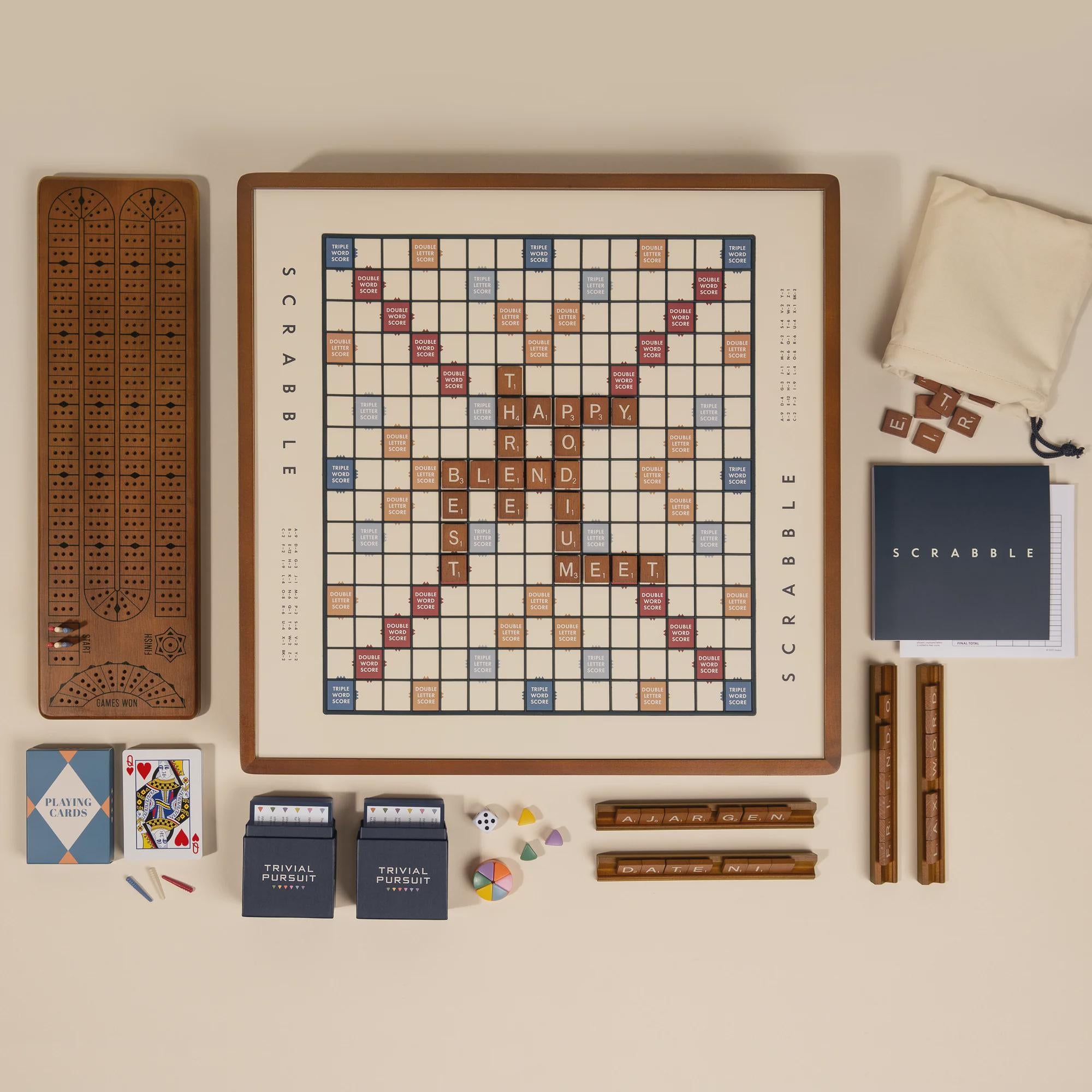 3-in-1 Premium Wood Classic Board Games: Scrabble, Trivial Pursuit & Cribbage