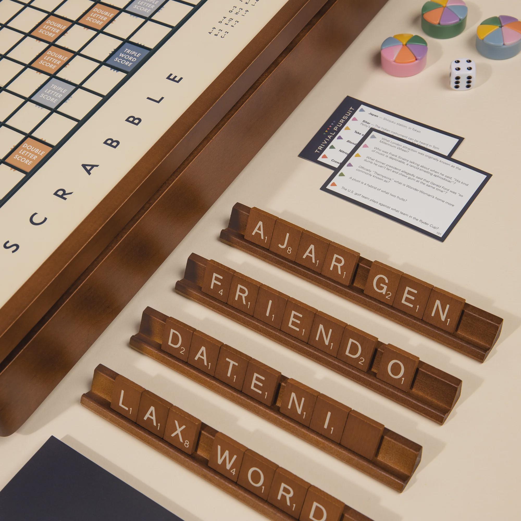 3-in-1 Premium Wood Classic Board Games: Scrabble, Trivial Pursuit & Cribbage