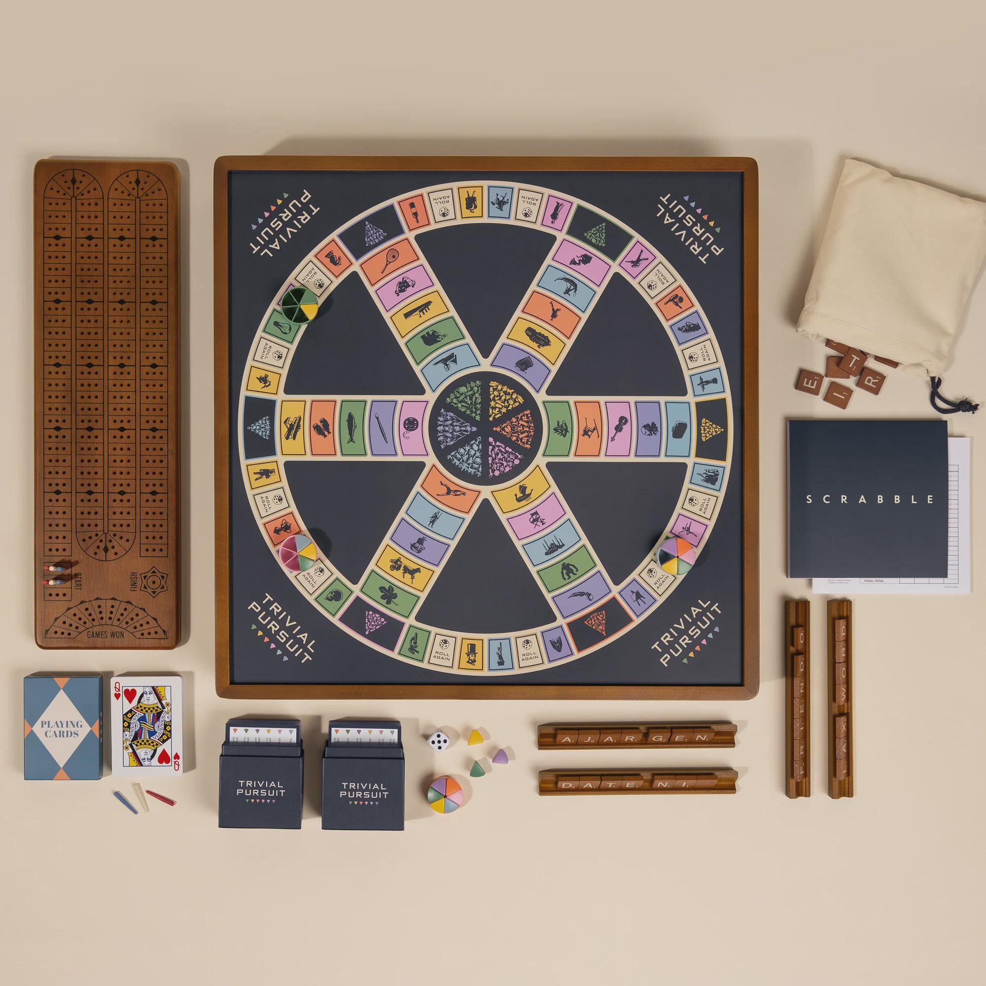 3-in-1 Premium Wood Classic Board Games: Scrabble, Trivial Pursuit & Cribbage