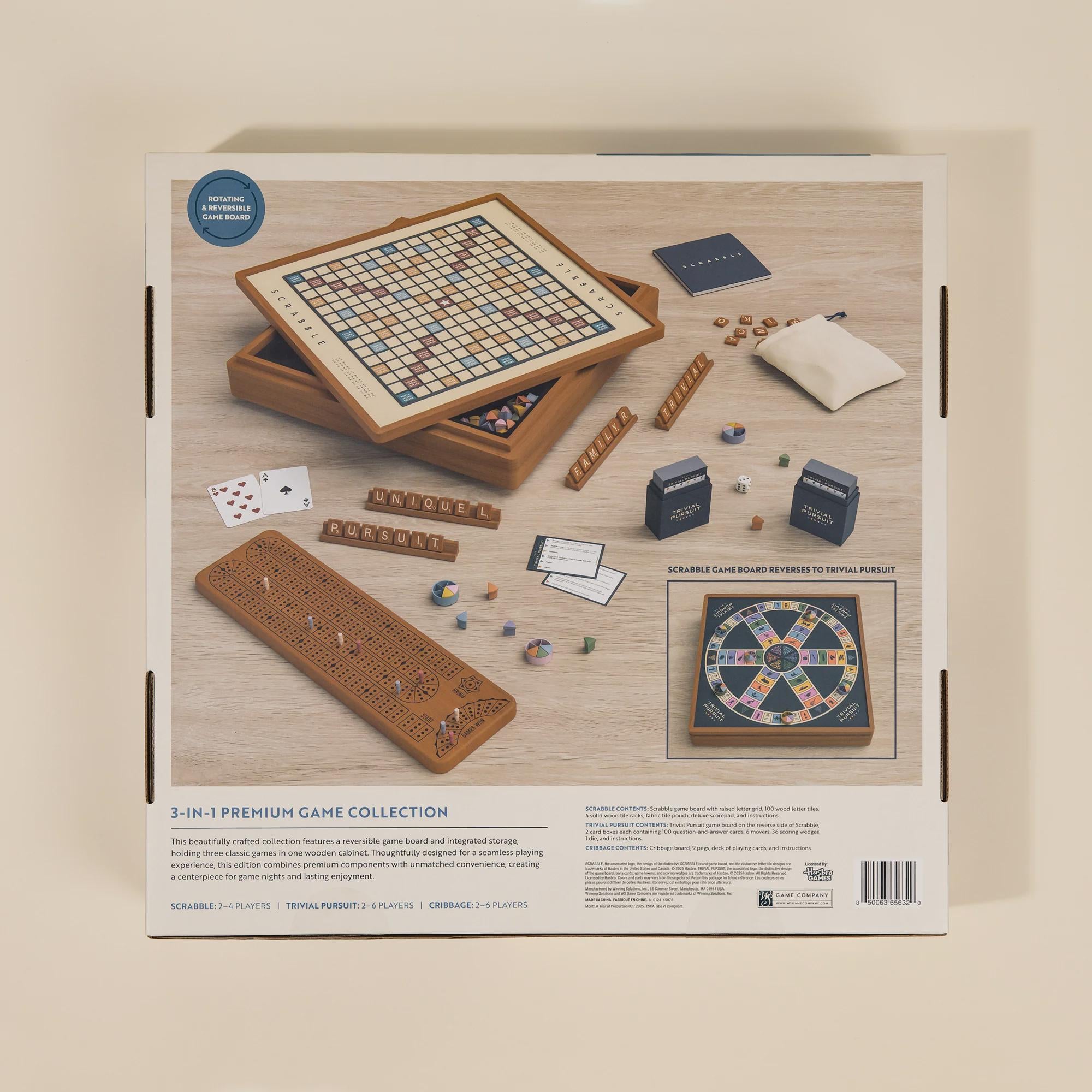 3-in-1 Premium Wood Classic Board Games: Scrabble, Trivial Pursuit & Cribbage