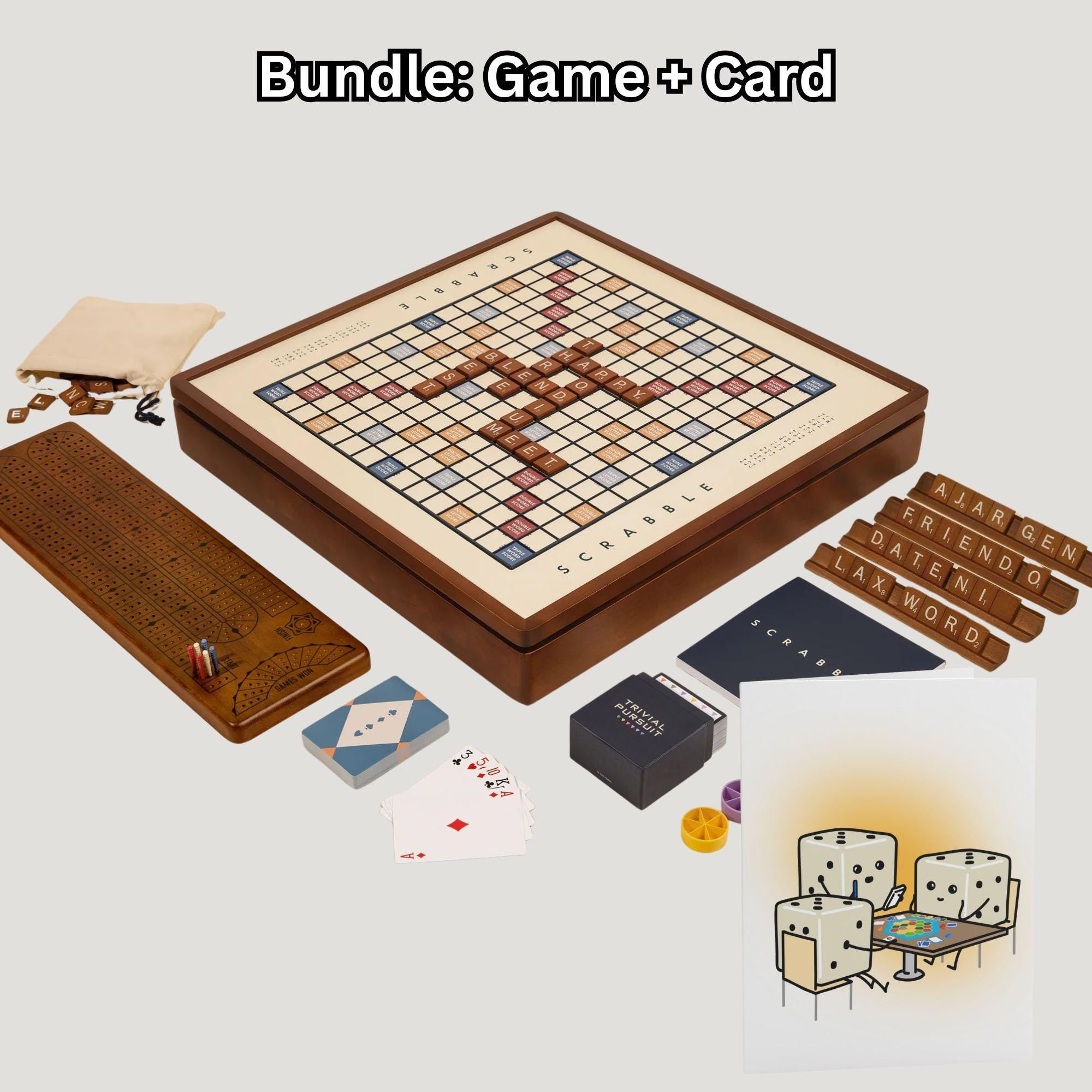3-in-1 Premium Wood Classic Board Games: Scrabble, Trivial Pursuit & Cribbage