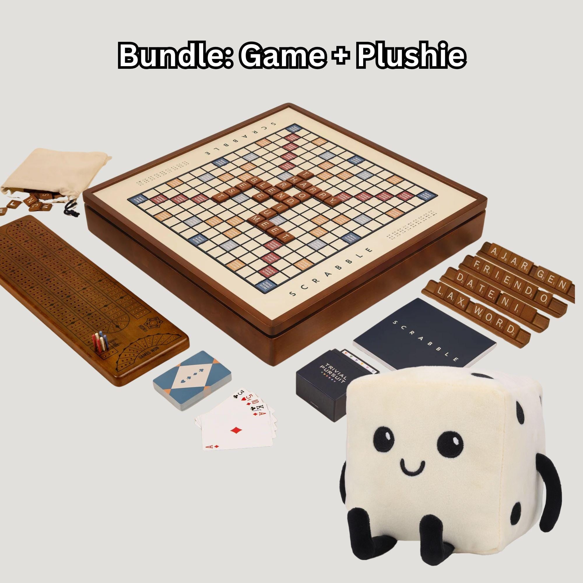 3-in-1 Premium Wood Classic Board Games: Scrabble, Trivial Pursuit & Cribbage