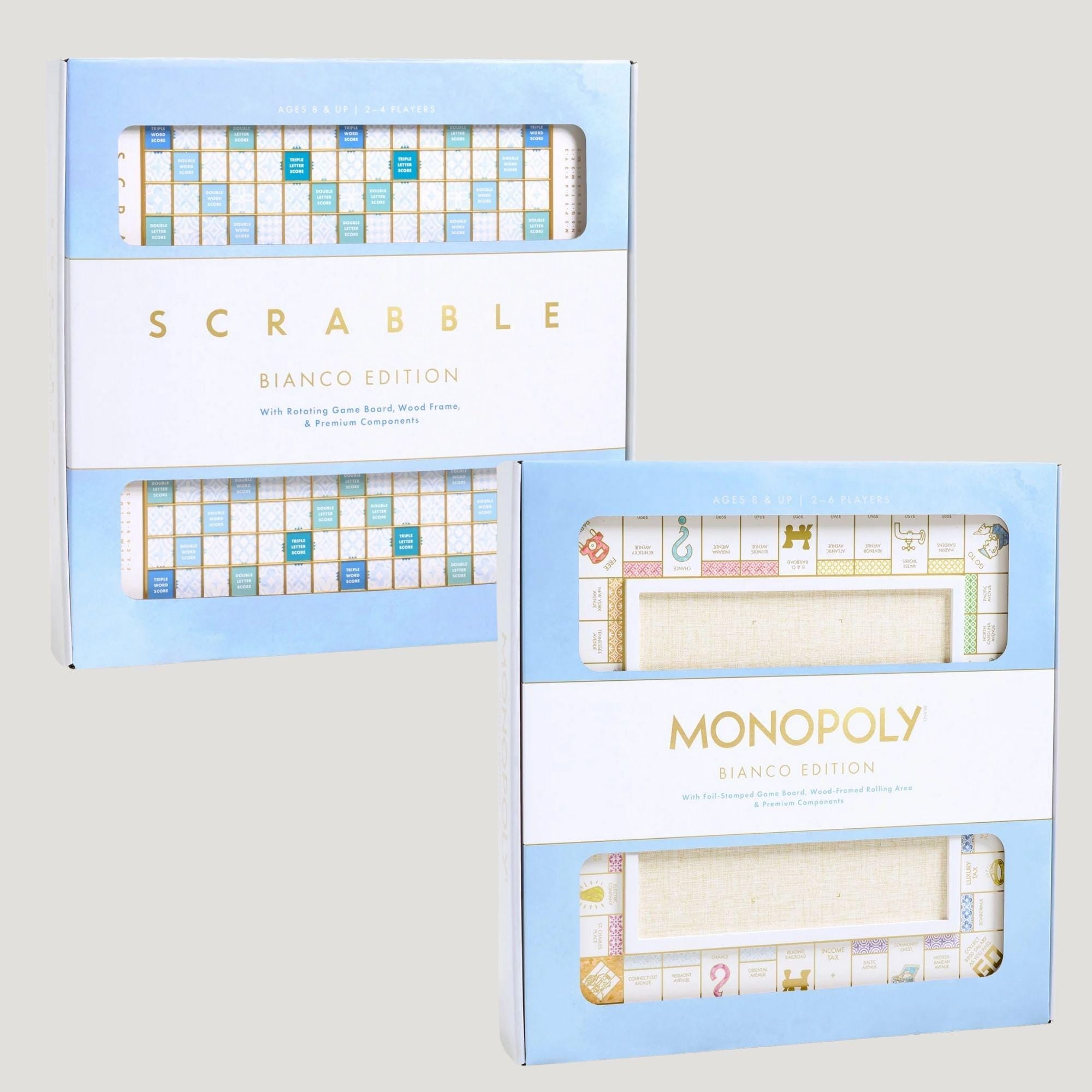 Modern Monopoly & Scrabble White Bianco Deluxe Board Game Edition Bundle (Set of 2)
