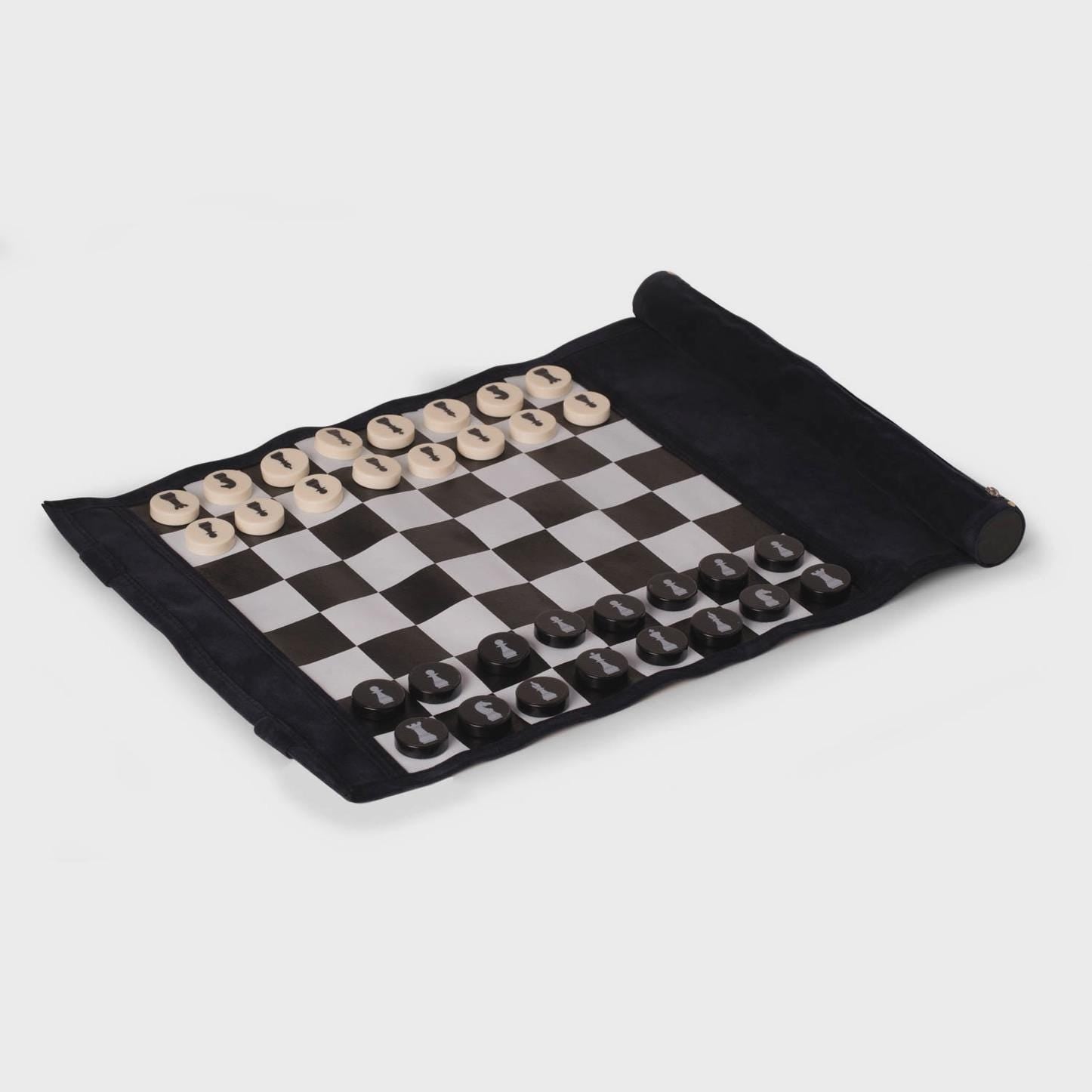 Modern Suede Leather Roll Up Chess Travel Set - Dark Navy Blue