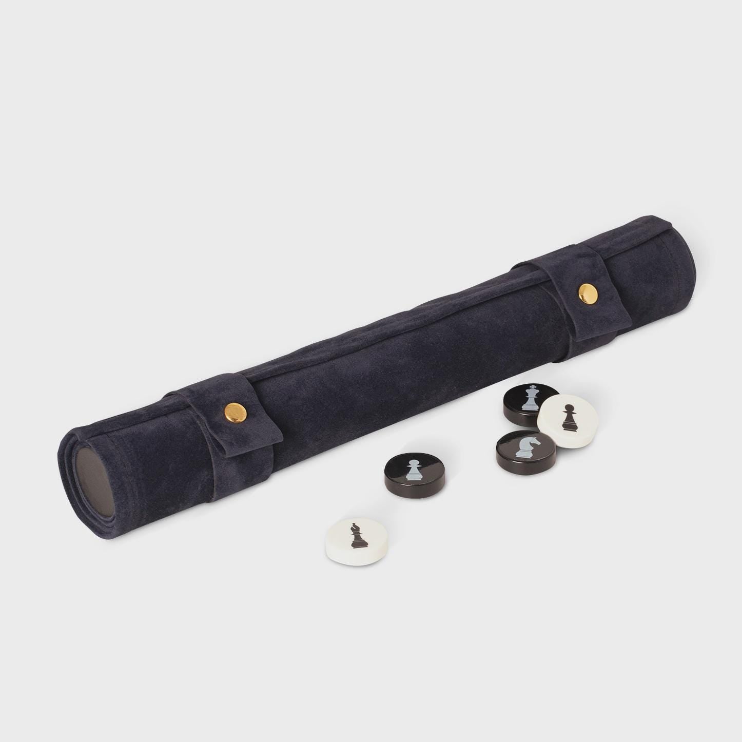 Modern Suede Leather Roll Up Chess Travel Set - Dark Navy Blue