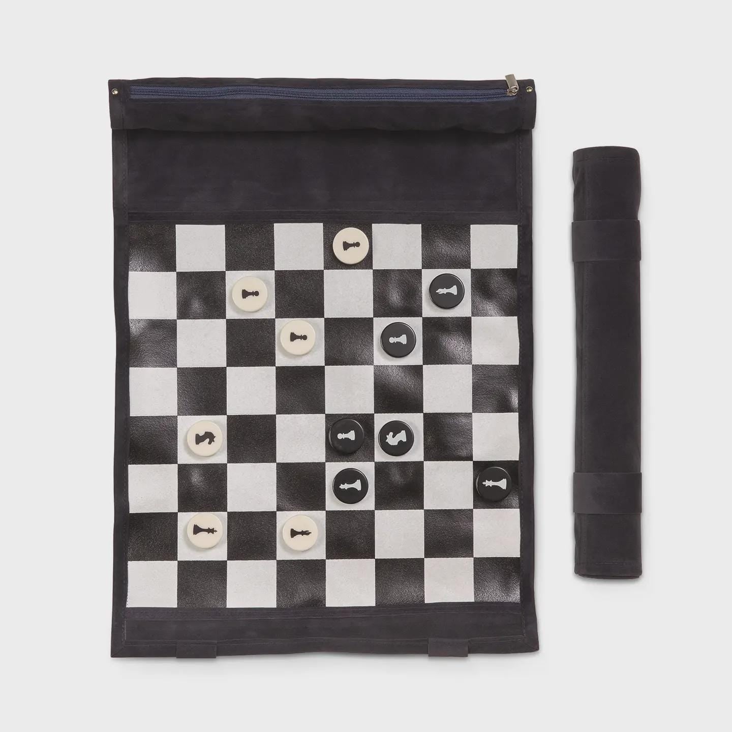 Modern Suede Leather Roll Up Chess Travel Set - Dark Navy Blue