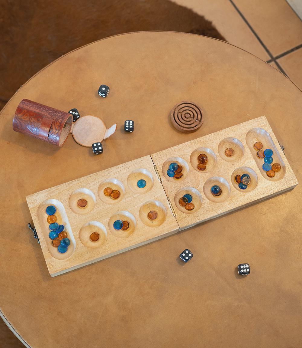 Modern Mancala Mango Wood Board Game Set with Colorful Glass Beads