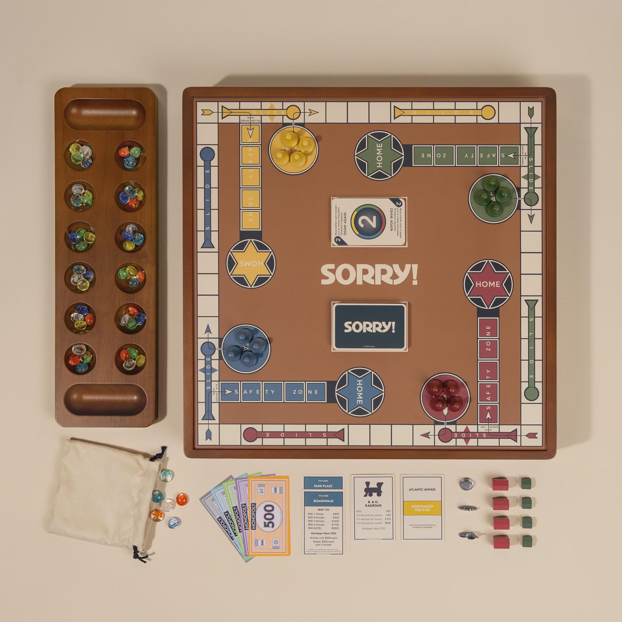 3-in-1 Premium Wooden Board Game Set: Monopoly, Sorry, Mancala