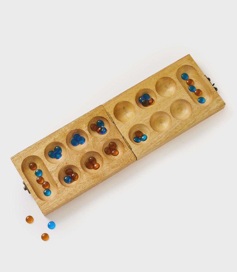 Modern Mancala Mango Wood Board Game Set with Colorful Glass Beads