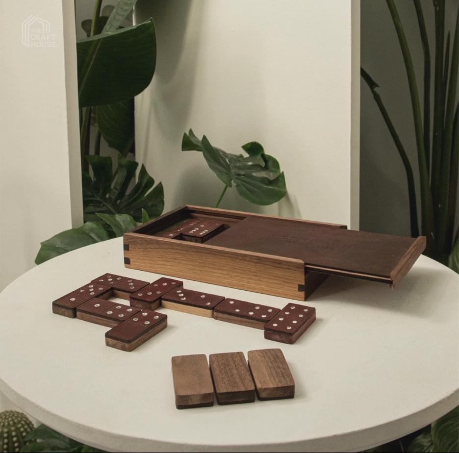 Modern Leather and Wood Dominoes Board Game Set