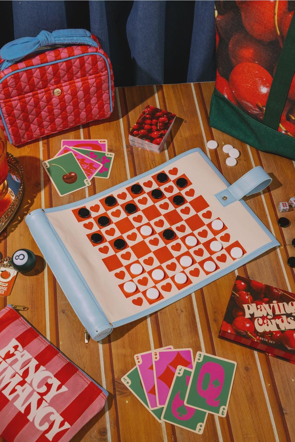 Modern Roll Up 3-in-1 Game (Checkers, Chess, Backgammon), Checkered Hearts Design, Valentine's Day Gift, Portable Travel Size