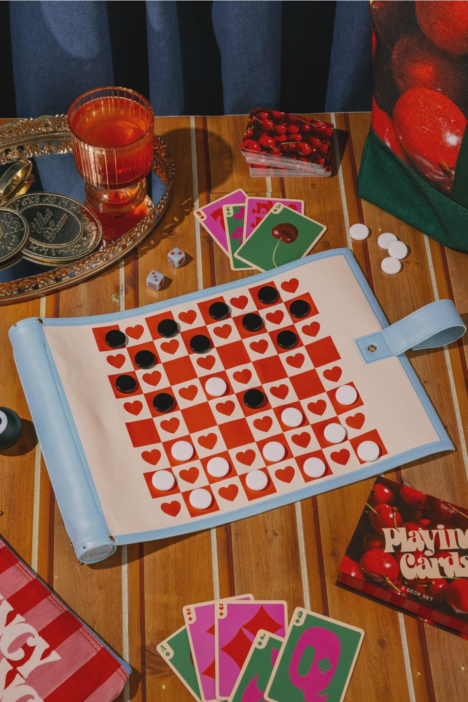Modern Roll Up 3-in-1 Game (Checkers, Chess, Backgammon), Checkered Hearts Design, Valentine's Day Gift, Portable Travel Size