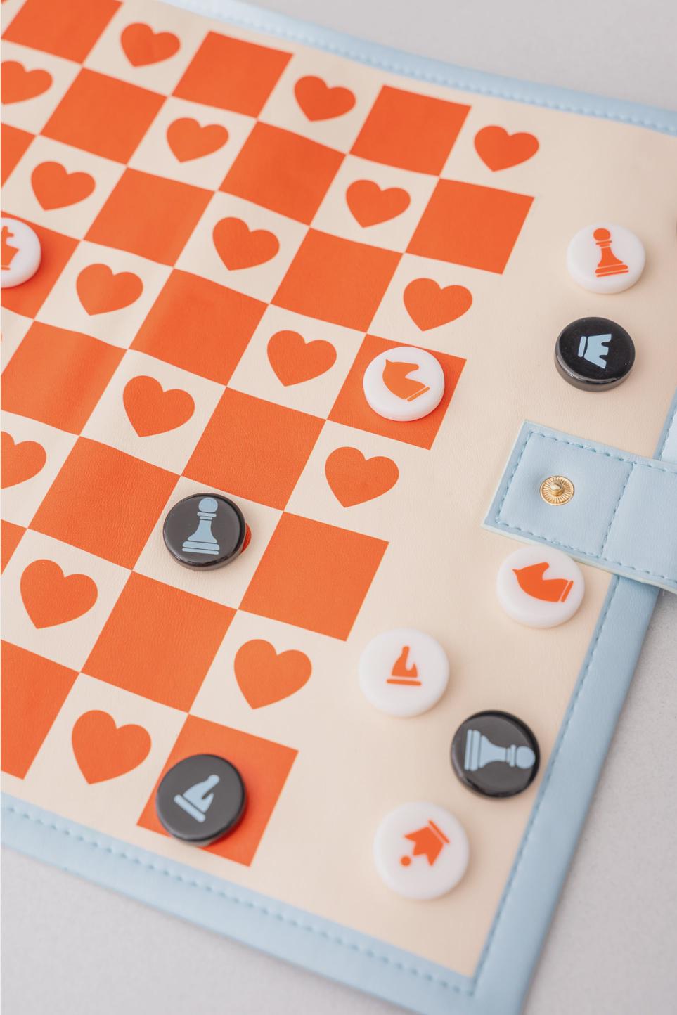 Modern Roll Up 3-in-1 Game (Checkers, Chess, Backgammon), Checkered Hearts Design, Valentine's Day Gift, Portable Travel Size