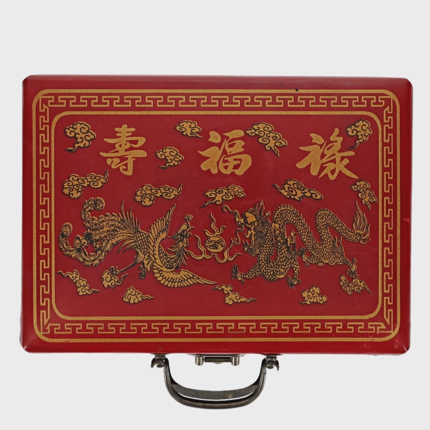 Retro Vintage Traditional Mahjong Set, Red Dragon Chinese Mahjong Leather Travel Size Set, 144 Tiles, Compact Smaller Travel Size