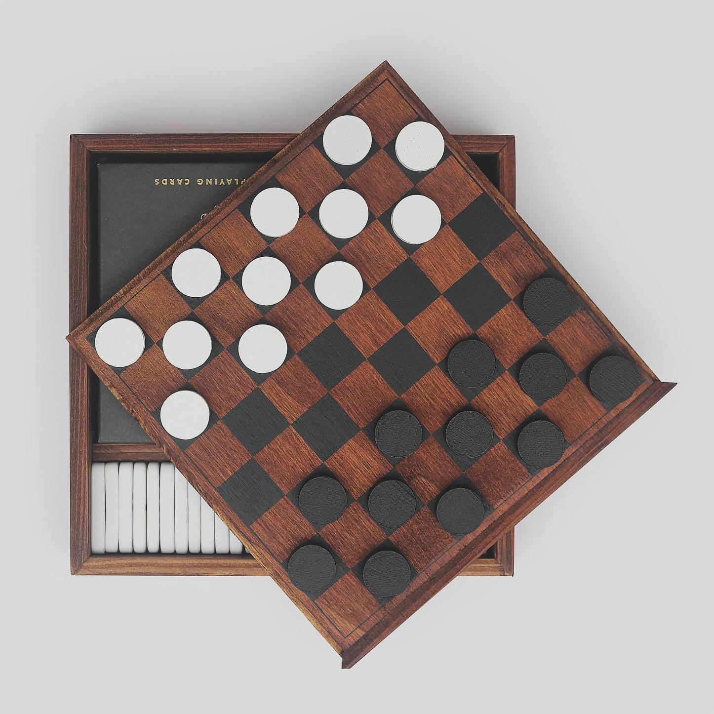 Mini Multi Game Night Board Game Travel Set (Checkers, Dice, Dominoes, Cards), Small Compact Games