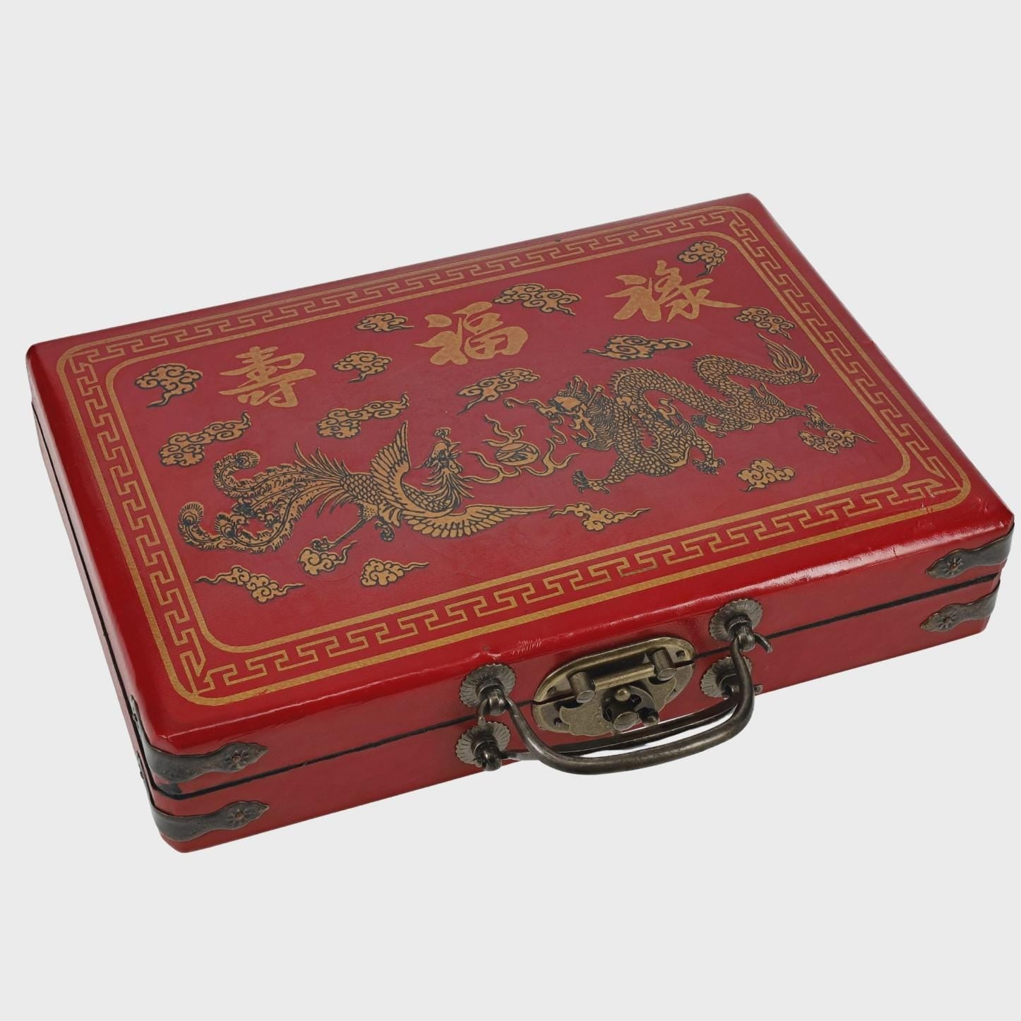 Retro Vintage Traditional Mahjong Set, Red Dragon Chinese Mahjong Leather Travel Size Set, 144 Tiles, Compact Smaller Travel Size