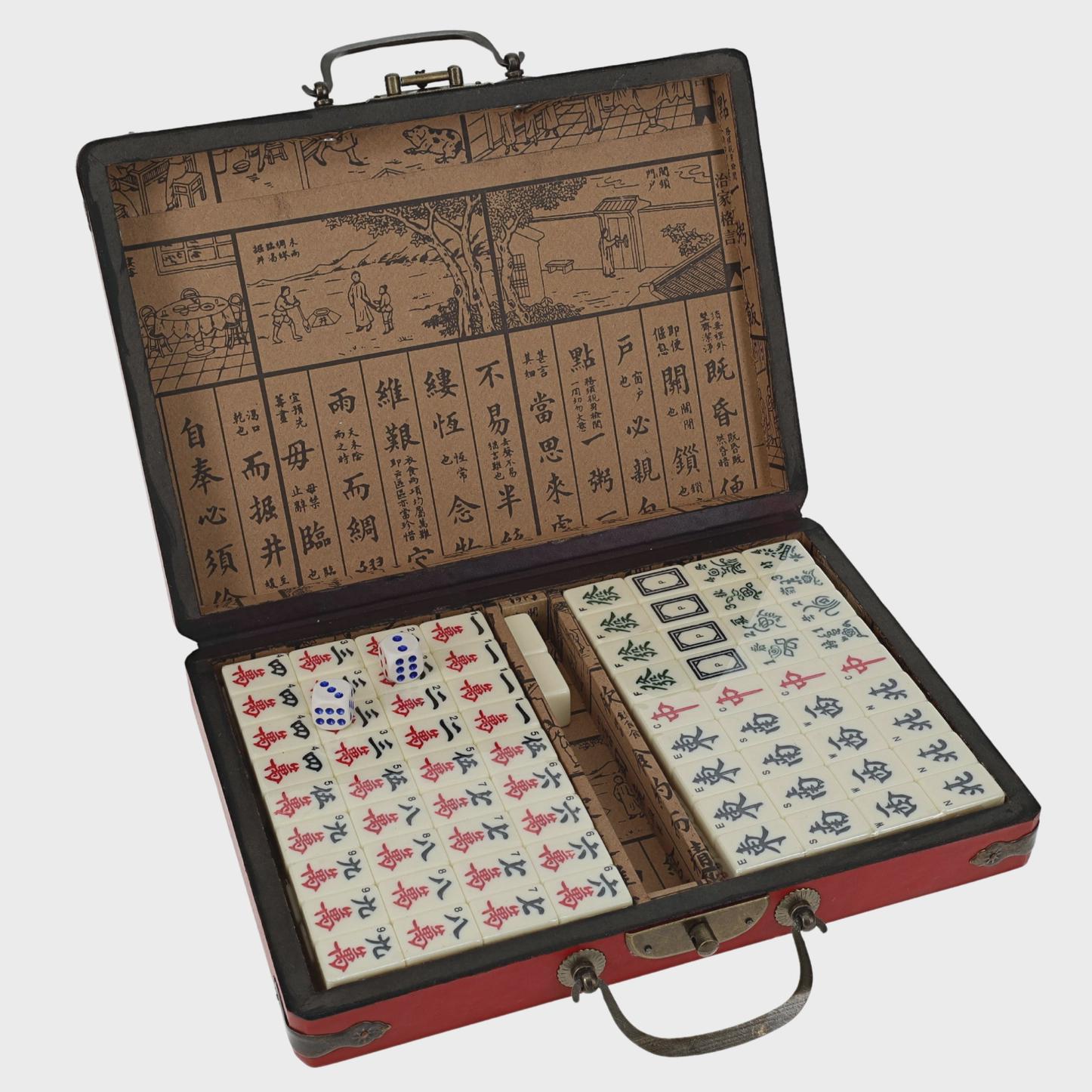 Retro Vintage Traditional Mahjong Set, Red Dragon Chinese Mahjong Leather Travel Size Set, 144 Tiles, Compact Smaller Travel Size