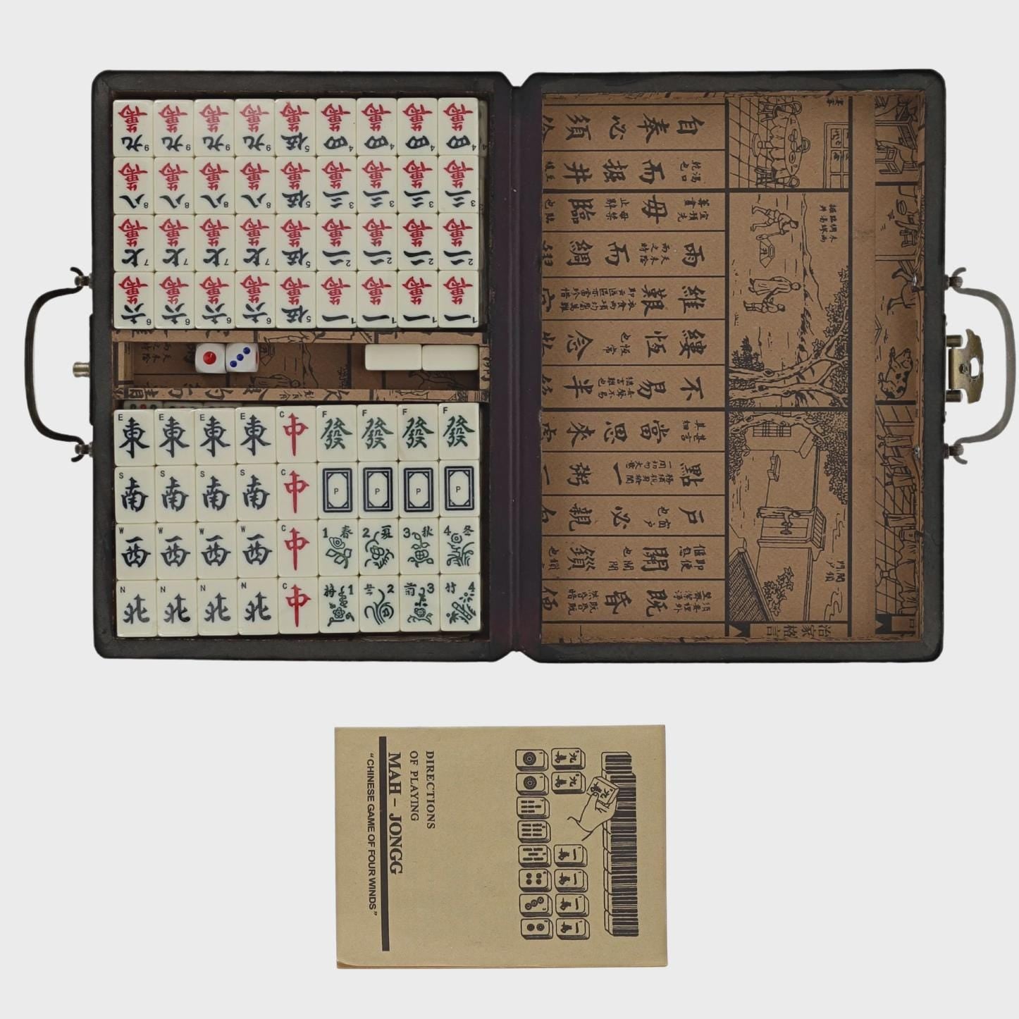 Retro Vintage Traditional Mahjong Set, Red Dragon Chinese Mahjong Leather Travel Size Set, 144 Tiles, Compact Smaller Travel Size