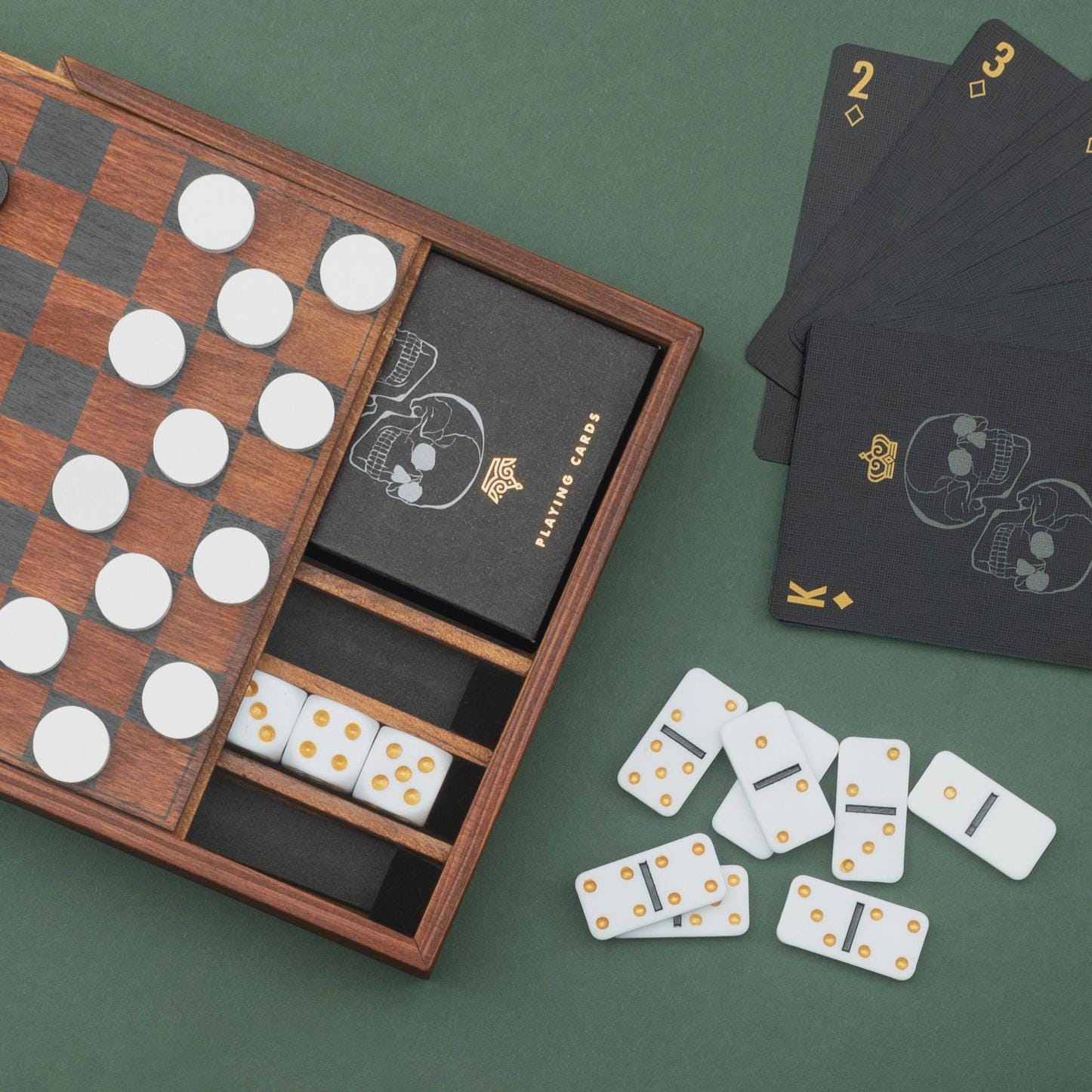 Mini Multi Game Night Board Game Travel Set (Checkers, Dice, Dominoes, Cards), Small Compact Games