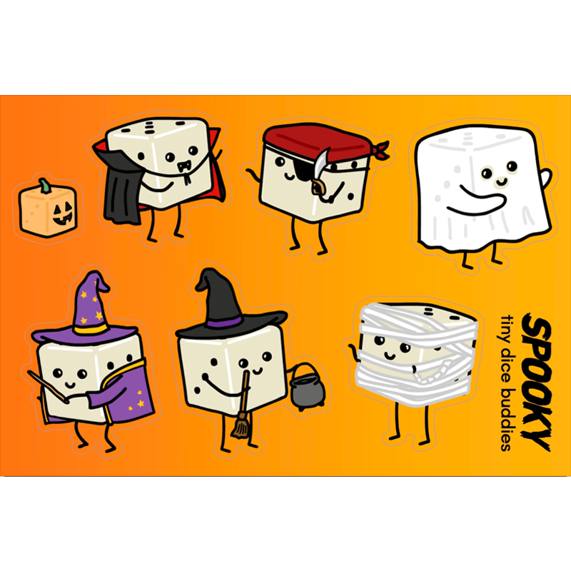 Spooky Tiny Dice Buddies Die-Cut Sticker Sheet (Set of 7 Stickers)