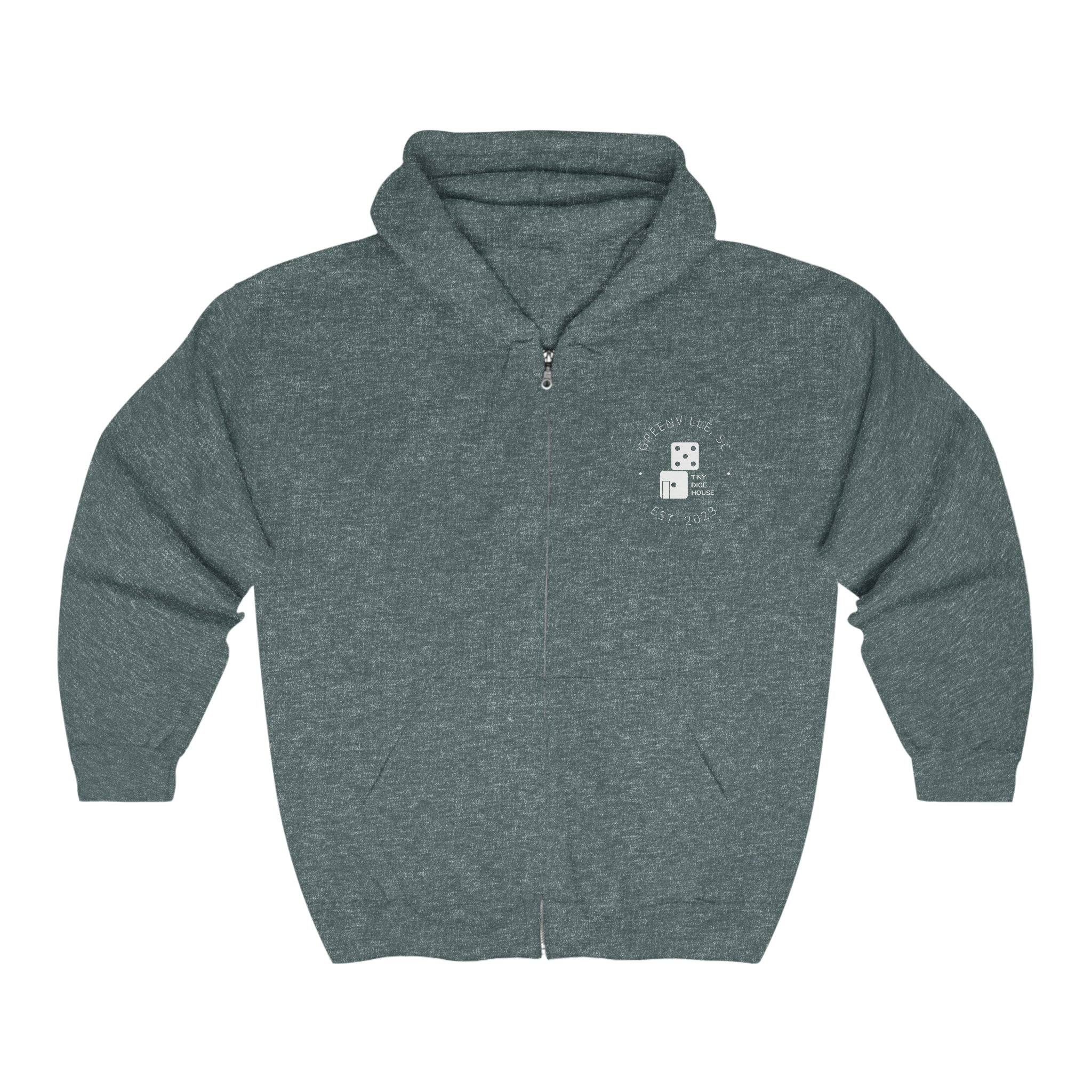 Tiny Dice House Greenville SC Zip Up Hoodie | Unisex Heavy Blend™ Full Zip Hooded Sweatshirt