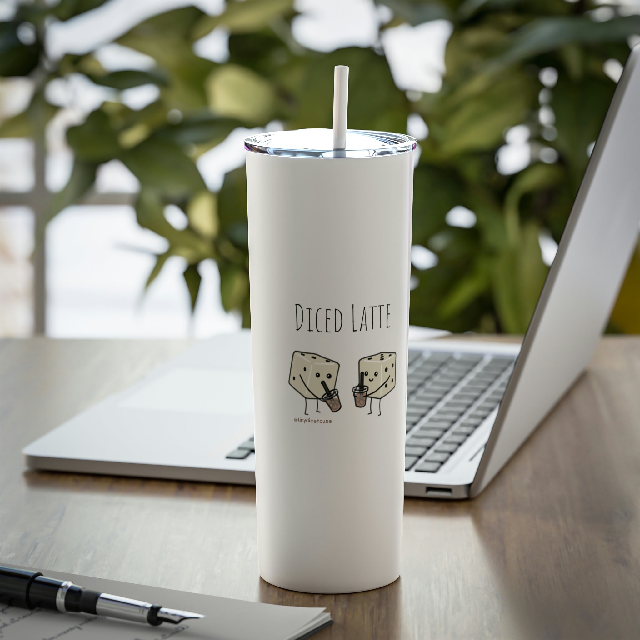 Diced Latte Tumbler | Tiny Dice Buddies Mug | Skinny Steel Tumbler with Straw, 20oz
