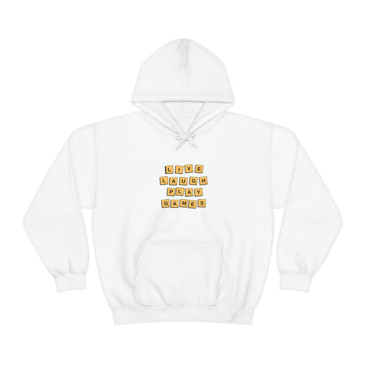 Live Laugh Play Games Hoodie | Tiny Dice House Sweater | Punny Dice Sweatshirt | Unisex Heavy Blend™ Hooded Sweater